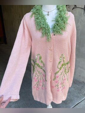 Vintage 90s Pink and Green Sequin and Beaded Bow Cardigan